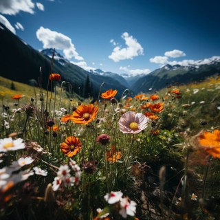Mountain landscape with a green meadow and lots of flowers