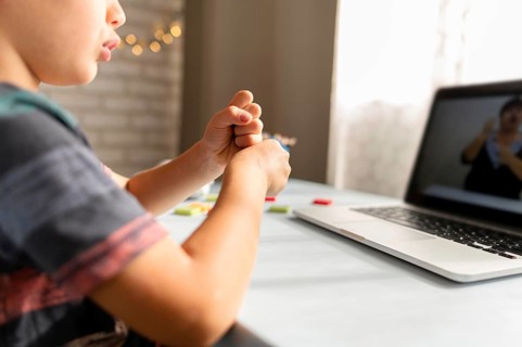 Boy talking with his teacher online school