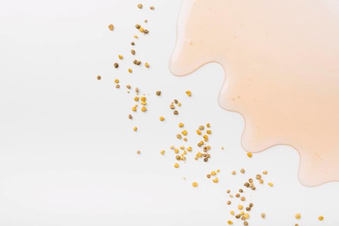 High angle view honey bee pollen seeds white background