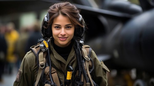 Mixed-race female fighter pilot soldier standing outside her military fighter jet