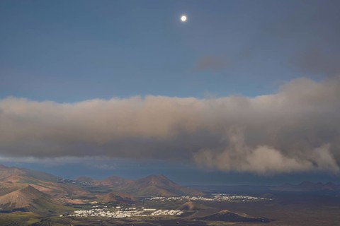 Panorama at sunrise from the Montana de Guardilama to the wine-growing area La Geria