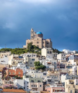 View of the town of Ermoupoli with pastel-coloured houses