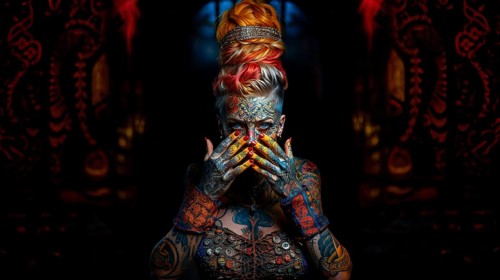 A young woman with very colourful tattoos all over her body