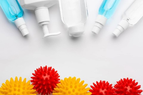 Top view disinfection products with viruses