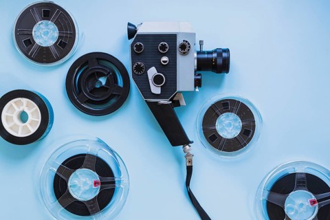 Film camera filmstrips blue