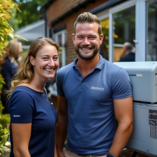 Cheerful homeowner and engineer rejoice in installing new heating system