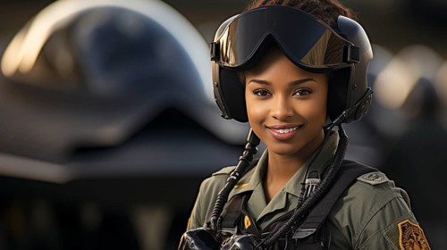 Female african american fighter pilot soldier stands outside her fighter jet