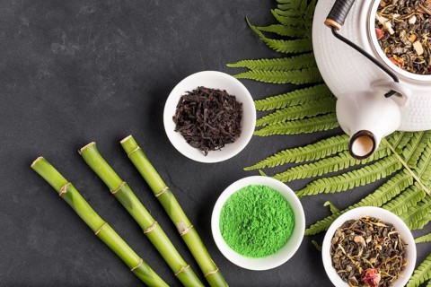 Collection aromatic dry tea ingredient black surface