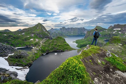 View over mountain landscape and lake Litlforsvatnet with fjord Forsfjorden