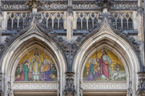 Entrance portal with mosaic at the St Lamberti Catholic Church on Lambertikirchplatz