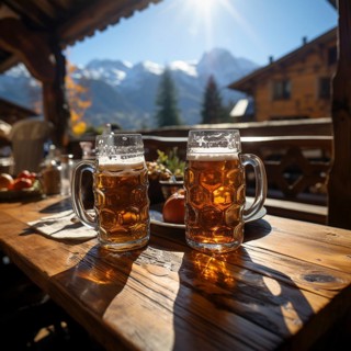 Beer and snacks in an alpine hut in the mountains