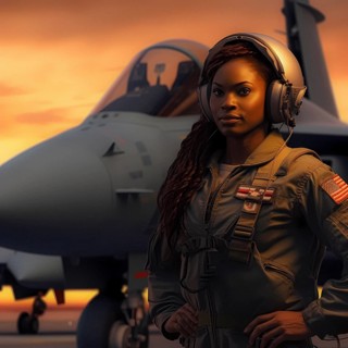 Proud young pilot stands in front of her F 14 fighter plane