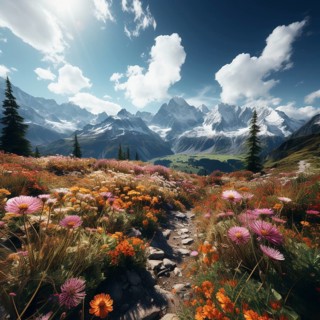 Mountain landscape with a green meadow and lots of flowers