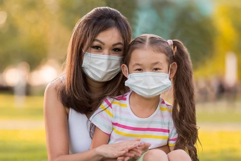 Portrait asian mother daughter with medical masks