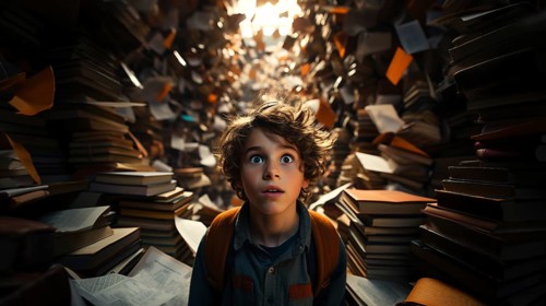 Young boy student sitting stunned and overwhelmed amidst a never ending pile of books and papers surrounding him