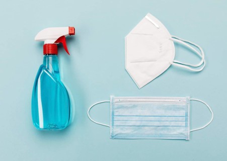 Top view medical masks disinfectant