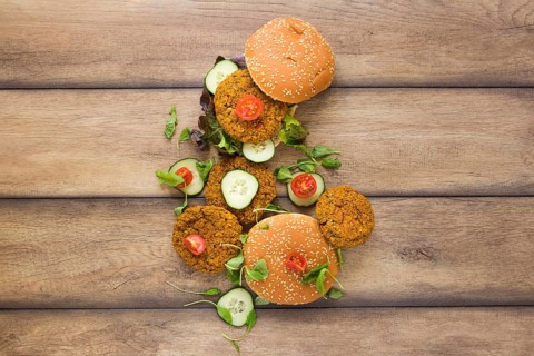 Flat lay delicious vegan burgers