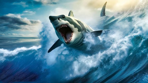 A very large shark swims on a surf wave