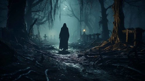Spooky dark figure walking through the foggy night in a cemetary