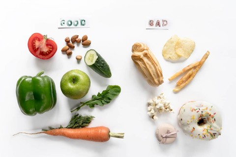 Top view good bad food isolated white background