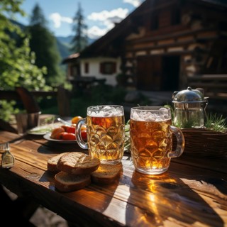 Beer and snacks in an alpine hut in the mountains