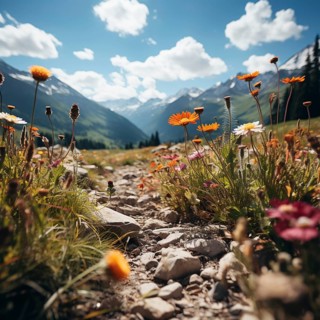 Mountain landscape with a green meadow and lots of flowers