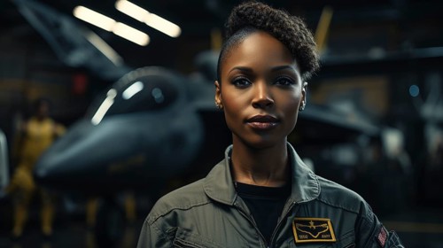 Female african american fighter pilot soldier stands outside her fighter jet