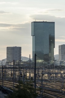 High-rise buildings and railway tracks