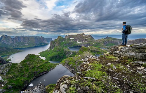 View over mountain landscape and lakes Krokvatnet and Litlforsvatnet with fjord Forsfjorden