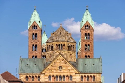 Upper part with roof and towers The Kaiserdom zu Speyer also called Speyerer Dom or Domkirche St Maria und St Stephan