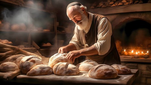 An old baker stands in his bakery with a wood-burning oven and looks at his freshly baked bread