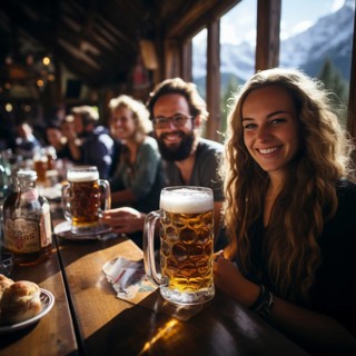 Beer and snacks in an alpine hut in the mountains