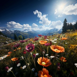 Mountain landscape with a green meadow and lots of flowers