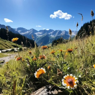 Mountain landscape with a green meadow and lots of flowers