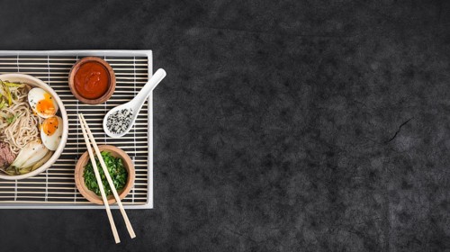 Asian ramen noodles with eggs sauces placemat