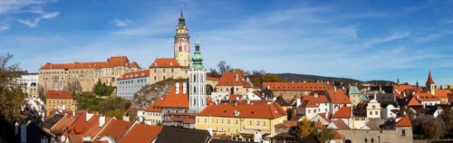 View of the historic old town of Krumlov with Schwarzenberg Castle and St Jodokus Church