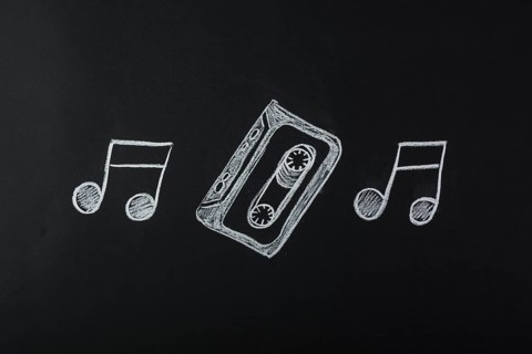 Drawn musical notes with cassette tape blackboard