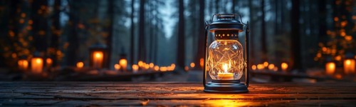 Warm and inviting lit vintage lantern resting on wood planks base outdoors in a winter setting. generative AI