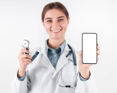 Portrait doctor holding mobile phone