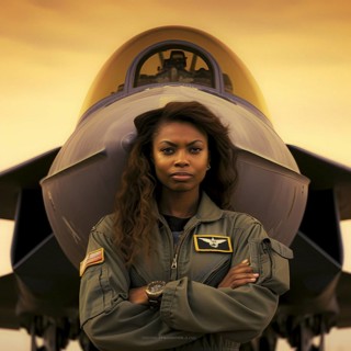 Proud young pilot stands in front of her F 35 fighter plane