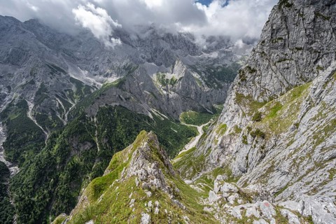 View into the Hoellental on cloudy rocky mountain landscape with Jubilaeumsgrat