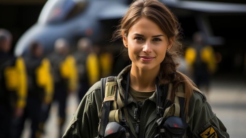 Mixed-race female fighter pilot soldier standing outside her military fighter jet