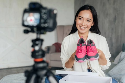 Woman vlogging with her sports shoes