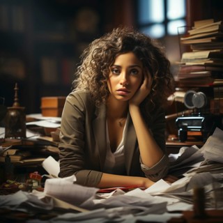 Woman in the office is overworked and has a headache