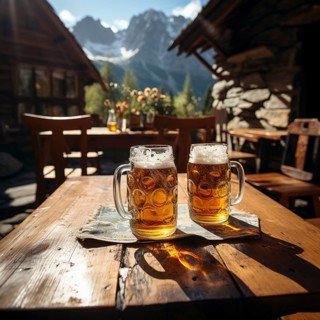 Beer and snacks in an alpine hut in the mountains