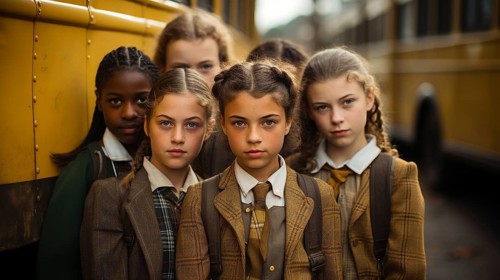 Retro style nastalgic young girls standing near the school bus