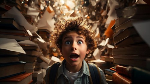Young boy student sitting stunned and overwhelmed amidst a never ending pile of books and papers surrounding him