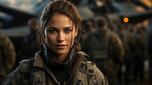 Mixed-race female fighter pilot soldier standing outside her military fighter jet