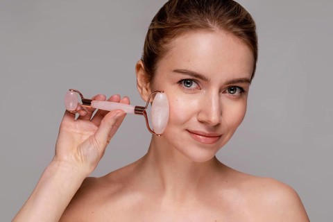 Beautiful woman using jade roller