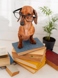 Cute dog with glasses sitting books